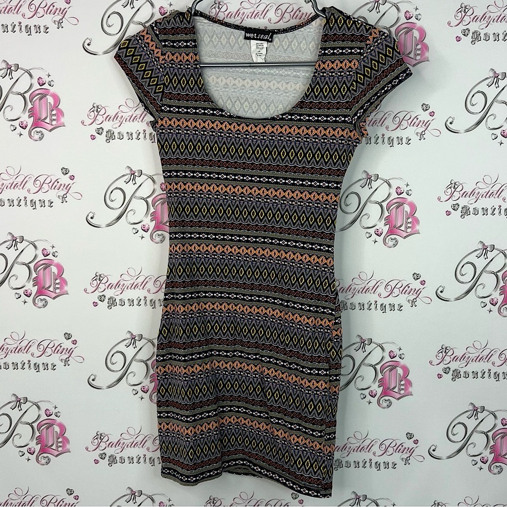 Wet seal dress y2k stretchy bodycon Aztec bohoMulticolor Geometric Pattern Dress
